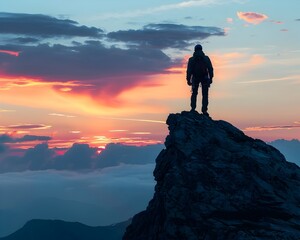 Canvas Print - Solitary Mountain Climber Silhouette Against Dramatic Evening Sky Landscape