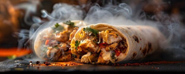 savory chicken shawarma with smoke and spices on dark background