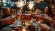 © steve - Cheers: A party with friends enjoying the fireworks from a great vantage point. The scene includes people holding champagne glasses.