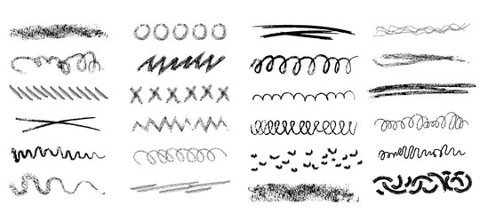 Charcoal set, black pencil hand drawn collection. line scribble doodle. Sketch marker border, grunge creative text decoration. Underline brushstroke