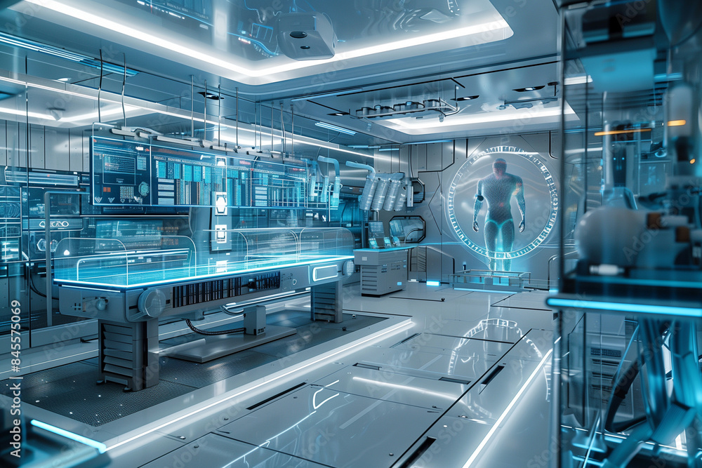 Futuristic laboratory with holographic displays and cutting-edge ...