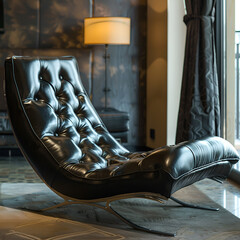Wall Mural - Modern leather chaise lounge in a very chic setting Black chair in a luxury room. Great room of an office with a black leather chair. Realistic 3D illustration, Generative AI