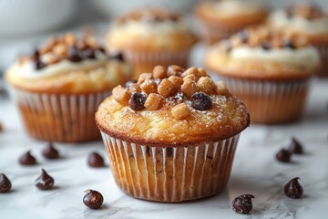 Wall Mural - a muffin cupcake adorned with chocolate chip sugar balls and powdered sugar, set against a pristine white background, creating a deliciously tempting treat.