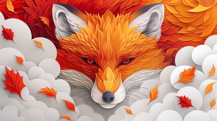 Wall Mural - Papercut Fox in Autumn Leaves