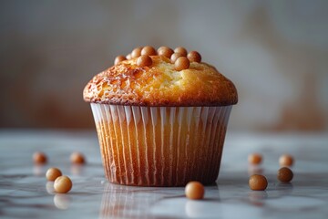 Wall Mural - a muffin cupcake adorned with chocolate chip sugar balls and powdered sugar, set against a pristine white background, creating a deliciously tempting treat.