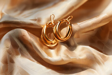 Beautiful golden earrings on beige fabric background, closeup