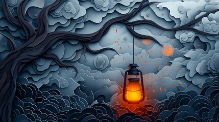 Wall Mural - Papercut Lantern Hanging in Dark Forest