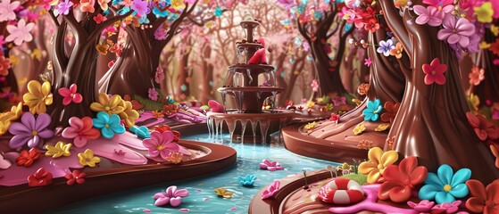 Wall Mural - Enchanting Chocolate Forest with Swirling Fountains and Candy Flora Centered Text Space