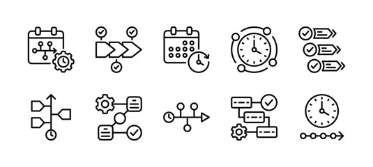 Timeline thin line icon vector set. Containing guideline, workflow, information, progress, step, management, schedule, hierarchy, infographic, organisation, procedure, system, scheme for event 