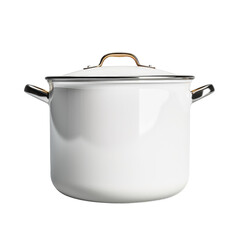 White cooking pot with copper handles isolated on transparent background