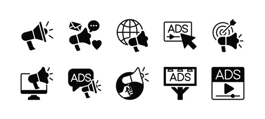 Business advertising icon set. Containing megaphone, media social, online video, campaign, billboard, communication, marketing target, internet, website, adsense. Vector illustration