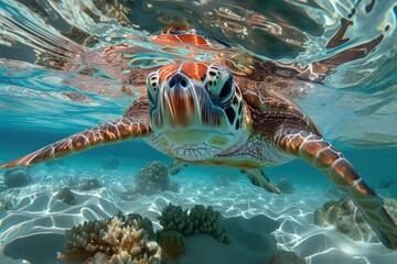 Wall Mural - enchanting marine life: close-up of an award-winning sea turtle