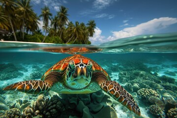 Wall Mural - incredible detail: award-winning sea turtle in clear ocean waters