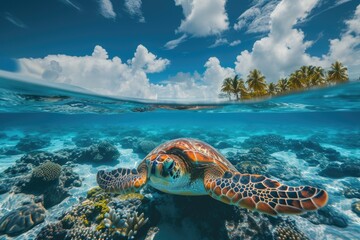 Wall Mural - marine wonderland: hyper-realistic sea turtle close-up in maldives