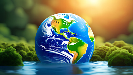 Wall Mural - Save the sinking planet - World taking bath in a lake to cater global warming cause by humans 
