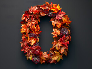 Number 0 typography made with autumn leaves with a dark background. The leaves have a variety of colors, including shades of orange, yellow, and green.