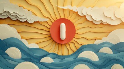 Wall Mural - Paper Cut Pill with Sun and Ocean Scene