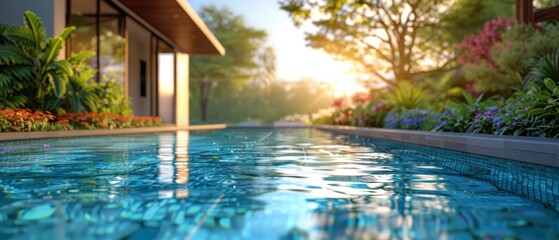 Wall Mural - Tranquil Poolside View With Lush Greenery and Afternoon Sun