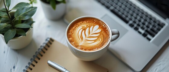 Canvas Print - A Cup of Coffee With Laptop and Plants on a White Table