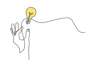 Wall Mural - hand hold light bulb continuous line drawing. business, idea and creativity concept illustration.