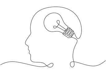 Wall Mural - head with light bulb symbol idea. thinking concept. vector illustration minimalist design hand drawn