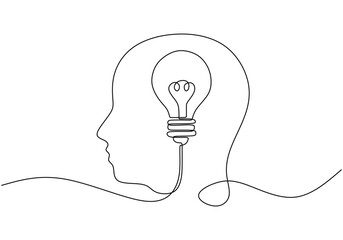 Wall Mural - head with light bulb symbol idea. thinking concept. vector illustration minimalist design hand drawn