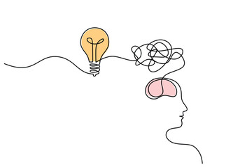 Wall Mural - head with light bulb symbol idea. thinking concept. vector illustration minimalist design hand drawn