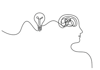 Wall Mural - head with light bulb symbol idea. thinking concept. vector illustration minimalist design hand drawn