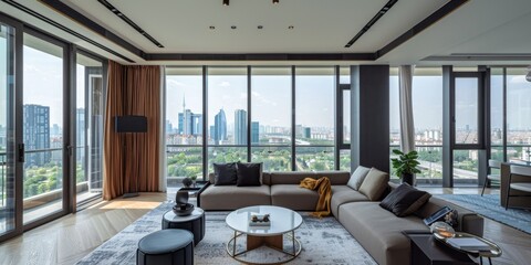 luxurious modern penthouse apartment with panoramic cityscape views, lavish interior design, and cut