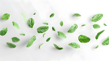 Wall Mural - Flying mint leaves on a white background