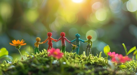 a group of miniature people crafted from colorful paper mache, standing on lush green moss adorned with delicate flowers, as they joyfully hold hands and bask in the warm sunlight.