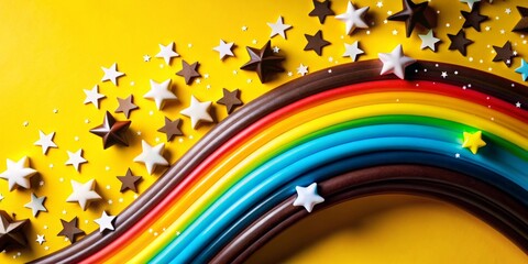 Wall Mural - Bright colorful holiday background with golden stars and rainbow on top. AI generated