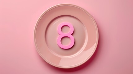 Women's day March 8 number symbol by empty plate. Holiday restaurant women's day concept with empty plate. plate on 8 shape isolated on color background.