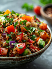 Wall Mural - Bowl of vibrant quinoa salad with fresh vegetables on a rustic table.