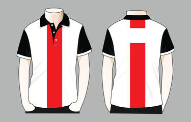 Wall Mural - White-red-black short sleeve polo shirt design on gray background. Front and back views, vector file.