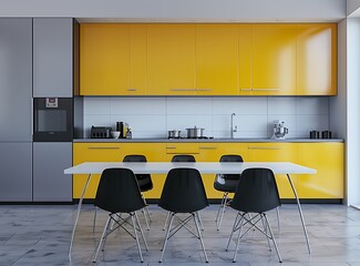 Wall Mural - Modern kitchen interior with yellow cabinets, white table and black chairs near the counter on gray floor, front view