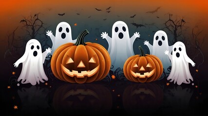 Halloween ghosts with a pumpkins, scary festival banner