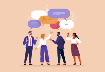 Fototapete - Business Discussion Concept. Vector cartoon full-length illustration in a flat style of various people talking to each other with bubbles over their heads. Isolated on background.