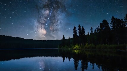 Starry night sky in a beautiful forest by the lake landscape