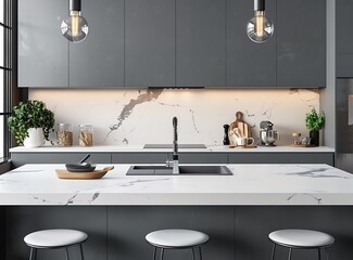 Wall Mural - Modern kitchen interior with gray walls, white tiles and marble countertop on the island with sink and cooking utensils