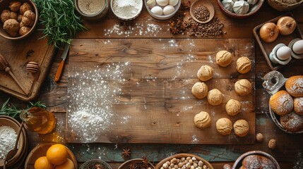 Wall Mural - overhead shot of a kitchen wooden counter, light wood grain, luxury, natural lighting, horizontal grain, with kitchen ingredients for a cake on the side