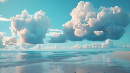 Poster - A tranquil beach scene with clouds made of virtual wallets embodying the convenience and ease of storing your crypto assets in the cloud.
