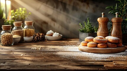 Wall Mural - overhead shot of a kitchen wooden counter, light wood grain, luxury, natural lighting, horizontal grain, with kitchen ingredients for a cake on the side