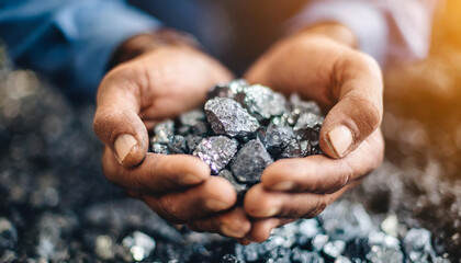 miner's weathered hands carefully holding precious minerals like platinum, silver, or rare earth ele