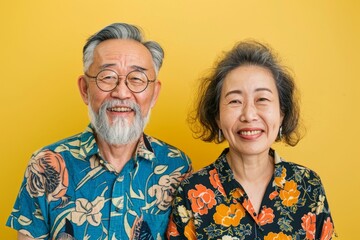 Wall Mural - Portrait of a merry asian couple in their 50s sporting a technical climbing shirt isolated on soft yellow background