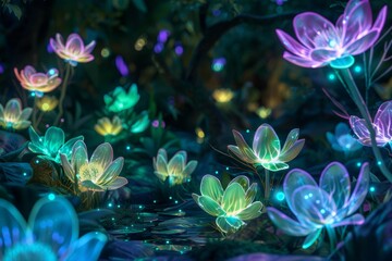 Wall Mural - Ethereal Night Garden with Bioluminescent Flowers in Blue, Green, and Purple Glow for Mystical Design