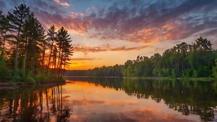 Sunset in horizon landscape of forest by the lake with clouds in sky