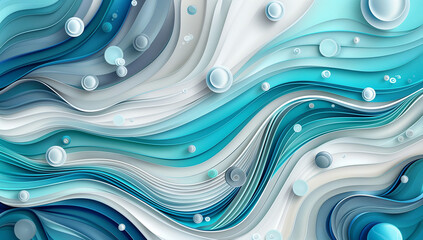 Poster - Paper 3d background with wavy lines and bubbles, in shades of blue, gray and white in the style of various artists