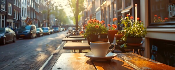 Canvas Print - Sipping Coffee in a Quaint Amsterdam Cafe Enjoying the Local Lifestyle and Scenic Urban Views