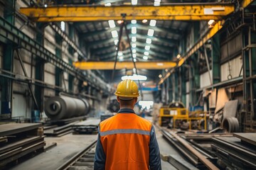 An industrial worker wearing a hard hat and safety vest stands in a factory, observing a crane overhead.